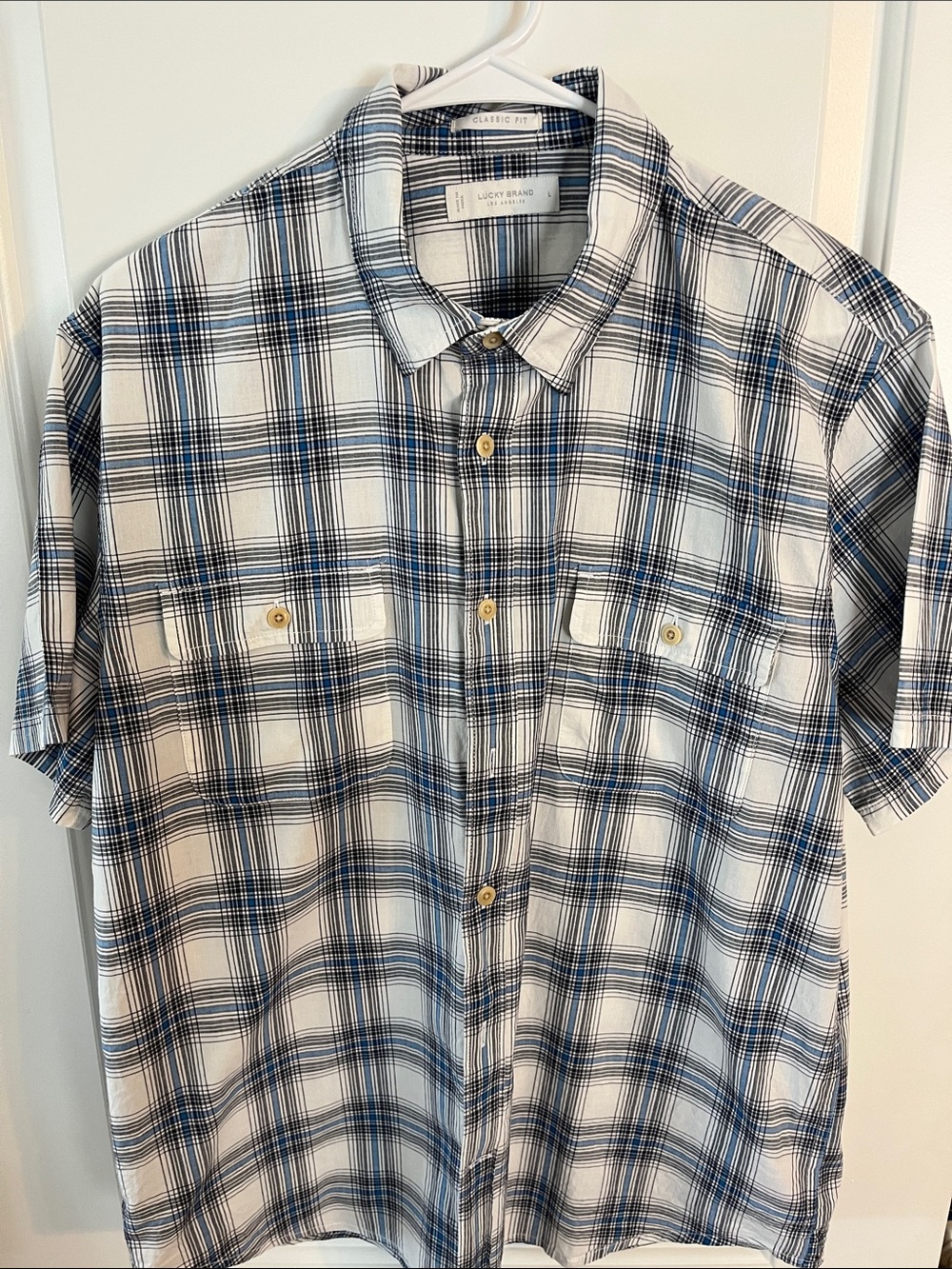 Lucky Brand White, Blue and Black Plaid Short-Sleeve Button-Down Shirt